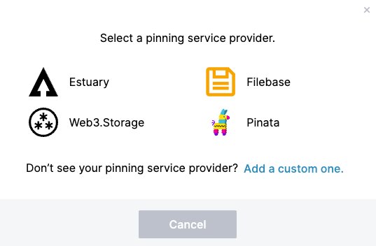 Desktop/Web UI modal for selecting a pinning service to add