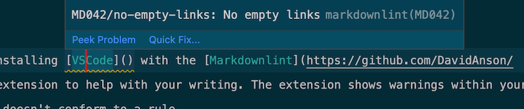 Screenshot of some Markdown in VSCode showing an error.