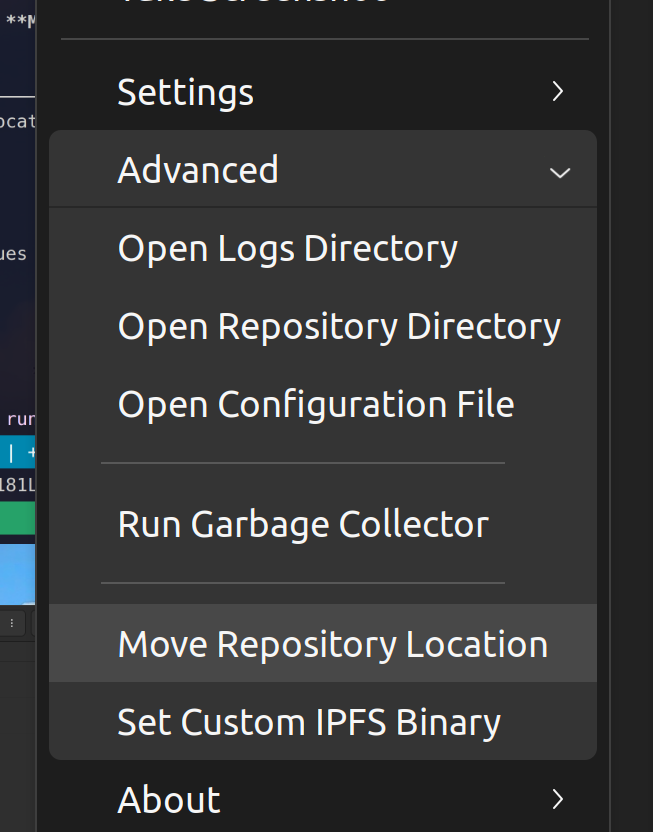 The advanced options IPFS tray menu in Ubuntu Linux.